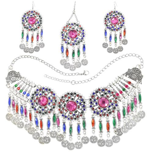 Rhinestone Zinc Alloy Jewelry Set, head collar & earring & necklace, plated, three pieces & folk style & for woman & with rhinestone [