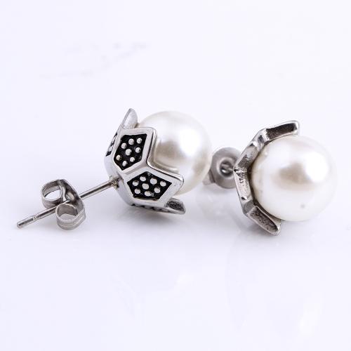 Pendientes de acero Titanium, Partículas de acero, con Perlas plásticas, Vintage & para mujer, Blanco, Vendido por Par