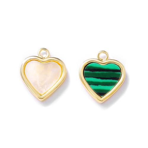 Brass Heart Pendants, with Malachite & Shell, real gold plated, DIY 