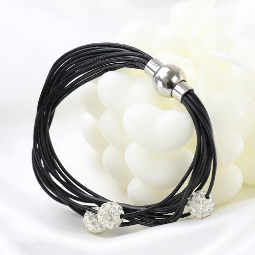 Pulseras de Cordón de PU, Partículas de acero, con cordón de cuero, micro arcilla de zirconia cúbica & para mujer, Negro, Vendido por UD[