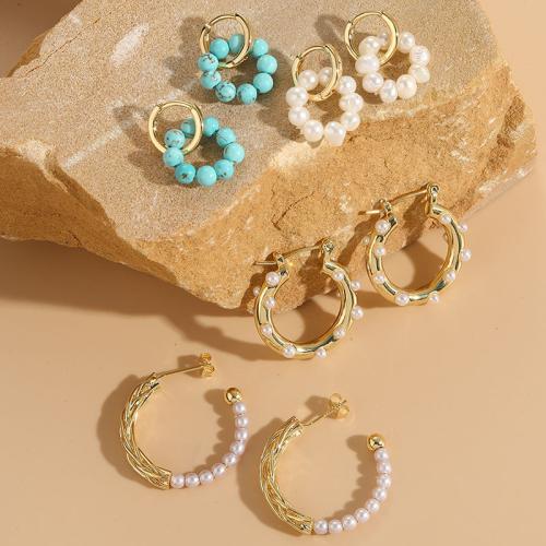 Plastic Stud Earring, Brass, with ABS Plastic Pearl, gold color plated & for woman 