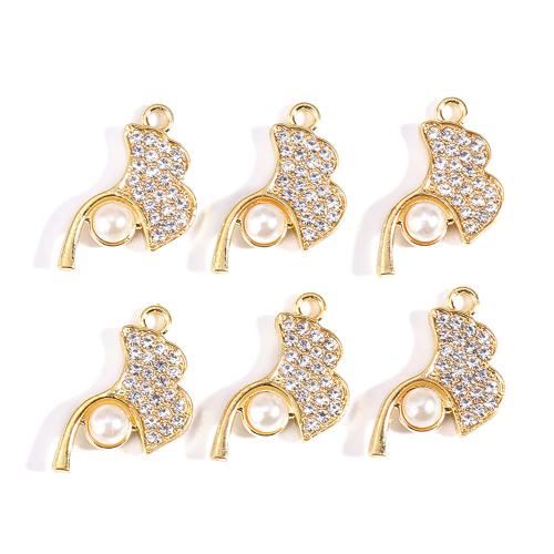 Zinc Alloy Rhinestone Pendants, with Plastic Pearl, Ginkgo Leaf, gold color plated, DIY & with rhinestone, white 