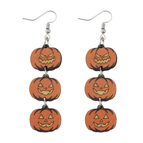 Wood Drop Earring, with 304 Stainless Steel, Pumpkin, printing, Halloween Design & for woman & double-sided 