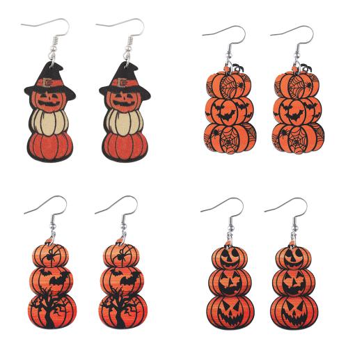 Wood Drop Earring, with 304 Stainless Steel, Pumpkin, printing, Halloween Design & for woman & double-sided 