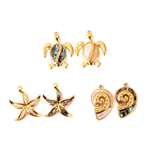 Stainless Steel Animal Pendants, 304 Stainless Steel, with Shell & Abalone Shell, gold color plated, DIY 