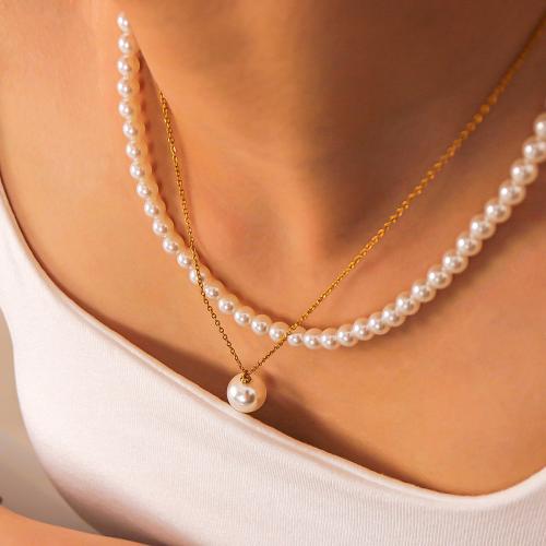 Plastic Pearl Necklace, 304 Stainless Steel, with Plastic Pearl, gold color plated, Double Layer & for woman, white 