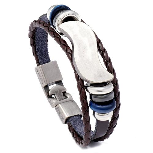 PU Leather Cord Bracelets, Zinc Alloy, with PU Leather & Wood & Copper Coated Plastic, Unisex Approx 20 cm 