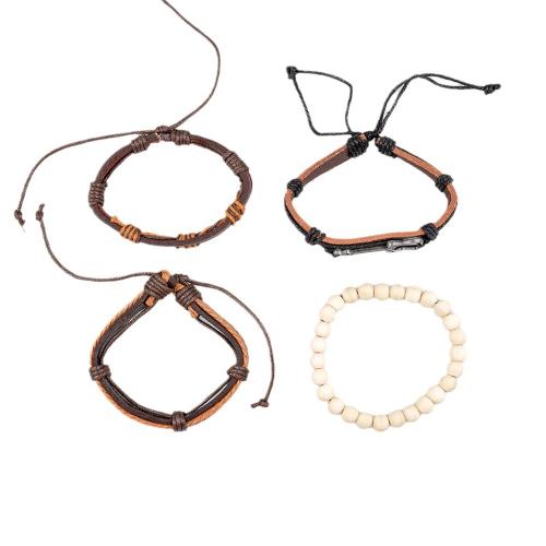 PU Leather Cord Bracelets, Zinc Alloy, with PU Leather & Wax Cord & Wood, 4 pieces & Unisex, brown Approx 17-18 cm 