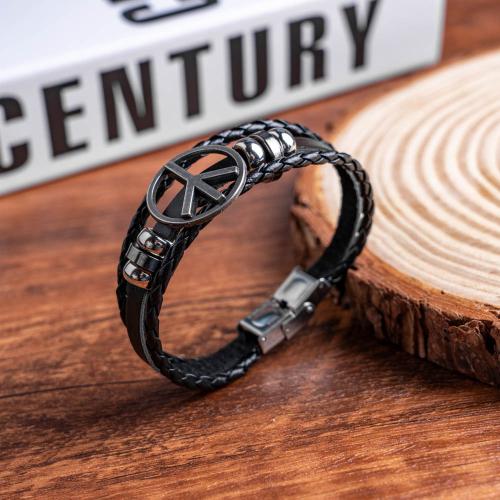 PU Leather Cord Bracelets, Zinc Alloy, with PU Leather & Copper Coated Plastic, handmade, Unisex, black 