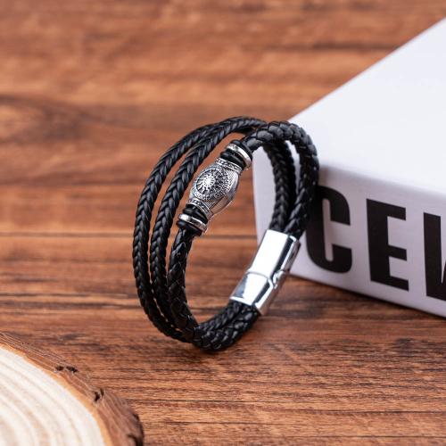 bracelet de cordon en PU , alliage de zinc, avec cuir PU, fait à la main, unisexe, noire, Vendu par PC[