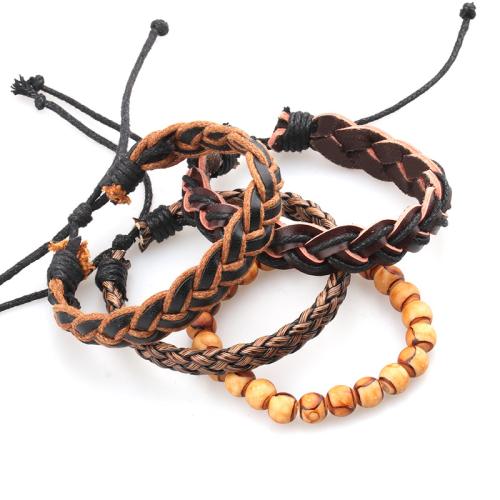 Cowhide Bracelets, Zinc Alloy, with Full Grain Cowhide Leather & Wax Cord & Wood, Unisex, mixed colors cm 