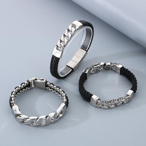 Cowhide Bracelets, 304 Stainless Steel, with Leather, Vacuum Ion Plating & for man 