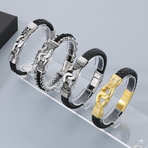 Cowhide Bracelets, 304 Stainless Steel, with Leather, Vacuum Ion Plating & for man 