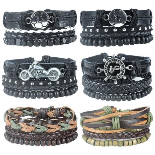 PU Leather Bracelet Set, with Wax Cord & Wood & Zinc Alloy, handmade, vintage & multilayer & for man Approx 7.1-11.8 Inch 