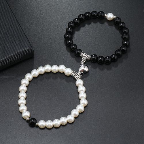 Glass Couple Bracelet, with Glass Pearl & Zinc Alloy, handmade, 2 pieces & with magnetic & for couple Inner Approx 55mm 