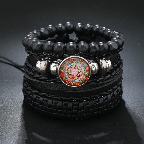 PU Leather Bracelet Set, with Glass & Zinc Alloy, handmade, vintage & multilayer & Unisex, black 