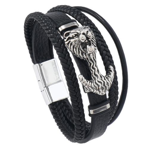 PU Leather Bracelet, with Zinc Alloy, Lion, handmade, multilayer & punk style & for man Approx 8.5-8.7 Inch 