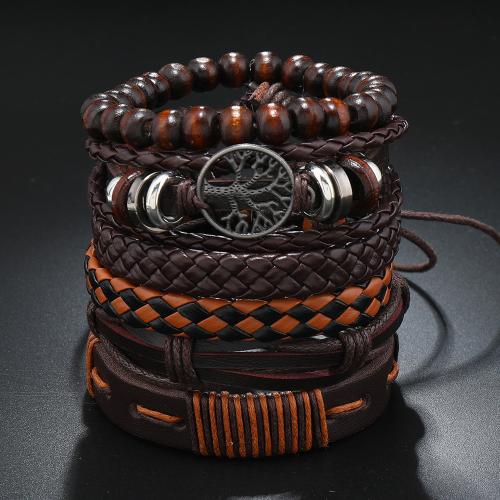 PU Leather Bracelet Set, with Wood & Zinc Alloy, Tree, handmade, multilayer & for man, coffee color Approx 7-11 Inch 