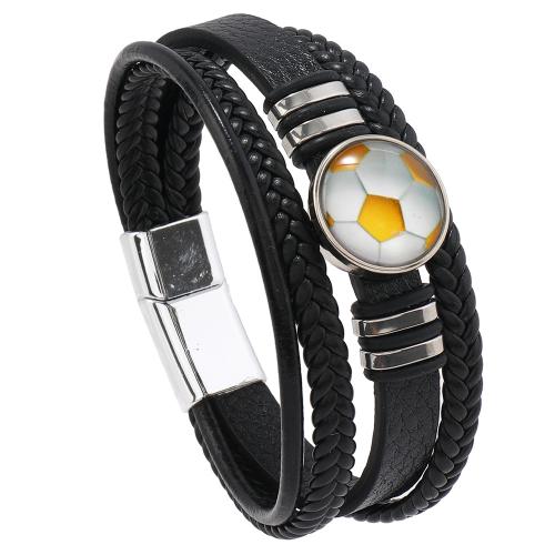 PU Leather Bracelet, with Glass & Zinc Alloy, handmade, multilayer & for man Approx 8.26 Inch 