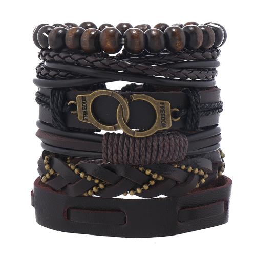 PU Leather Bracelet Set, with Wood & Zinc Alloy, handmade, multilayer & for man Approx 7-11 Inch 