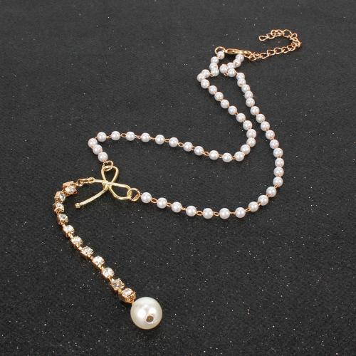 Plastic Pearl Necklace, Zinc Alloy, with Plastic Pearl, with 5cm extender chain, fashion jewelry & for woman & with rhinestone, golden Approx 45 cm 