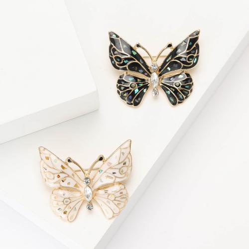 Enamel Brooch, Zinc Alloy, with Shell, Butterfly, plated, for woman & with rhinestone 