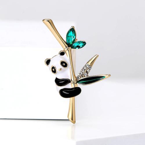 Enamel Brooch, Zinc Alloy, Panda, gold color plated, for woman & with rhinestone 