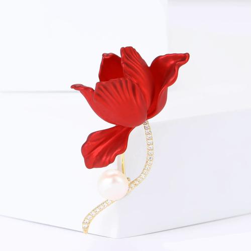 Cubic Zirconia Brooch, Zinc Alloy, with Plastic Pearl, Flower, gold color plated, micro pave cubic zirconia & for woman, red 