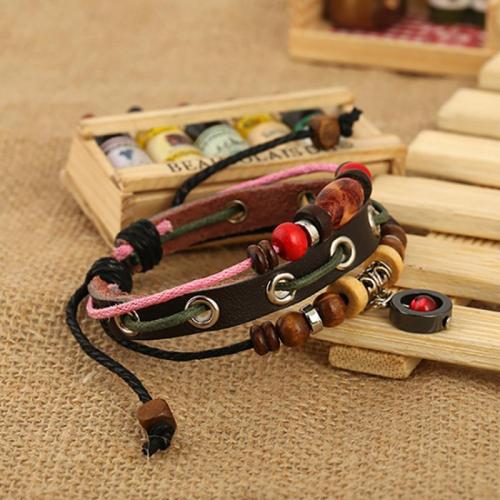 PU Leather Cord Bracelets, with Wood & Zinc Alloy, fashion jewelry & Unisex strip is 0.8CM wide, 17CM long, and the drawstring is 9-10CM long 