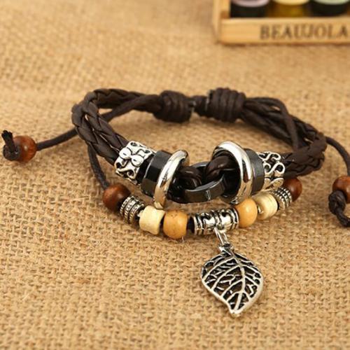 PU Leather Cord Bracelets, with Wood & Zinc Alloy, fashion jewelry & multilayer & Unisex 17CM long, pull rope length 9-10CM 