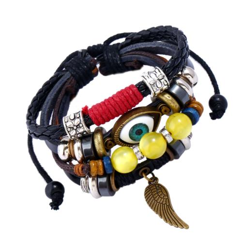 PU Leather Cord Bracelets, with Wax Cord & Hematite & Copper Coated Plastic & Zinc Alloy, fashion jewelry & Unisex, mixed colors, The length of the leather is about 17CM, and the length of the drawstring is 8-9CM 