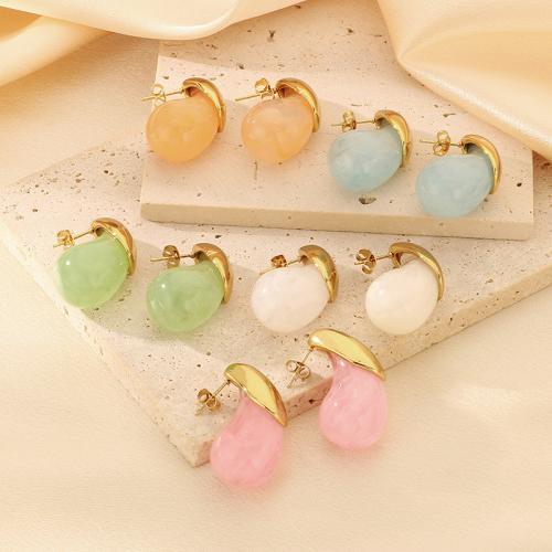 bijoux de boucles d'oreilles en résine, Acier inoxydable 304, avec résine, larme, Placage ionique sous vide, pour femme, plus de couleurs à choisir, Vendu par paire