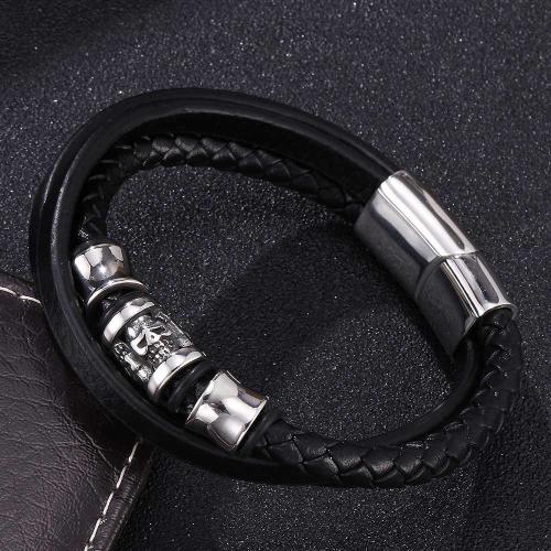 Cowhide Bracelets, 304 Stainless Steel, with Leather, Vacuum Ion Plating, three layers & for man [