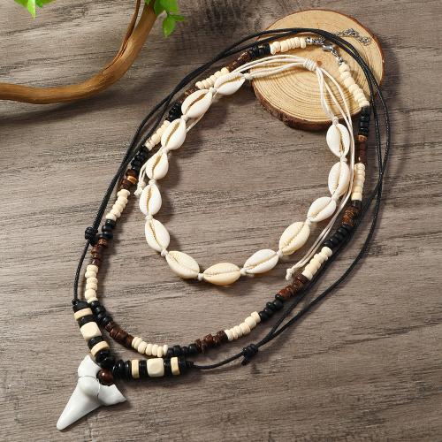 Shell Necklace, with Coco & Wax Cord & Wood & Resin, handmade, multilayer & for man Approx 15.7-27.6 Inch 