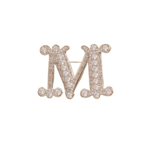 Brass Brooch, Letter M, platinum color plated, micro pave cubic zirconia & for woman 