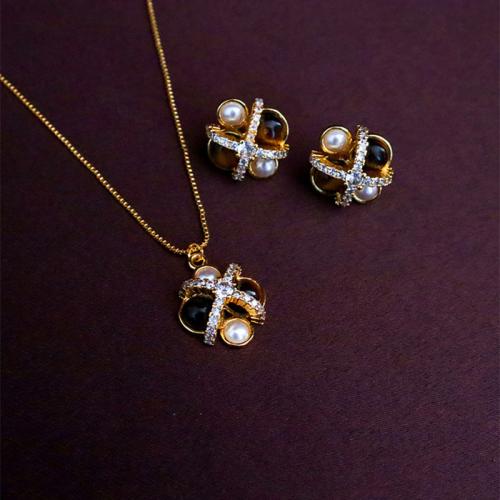 Brass Jewelry Set, with Shell Pearl & Tiger Eye, Geometrical Pattern, gold color plated & micro pave cubic zirconia & for woman [