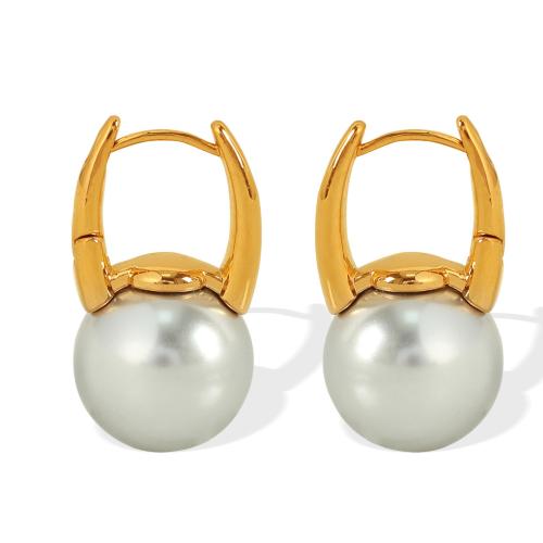 Stainless Steel Drop Earring, Brass, with Plastic Pearl, fashion jewelry & for woman, golden 