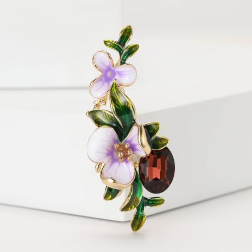 Enamel Brooch, Zinc Alloy, Flower, gold color plated, for woman & with rhinestone, mixed colors 