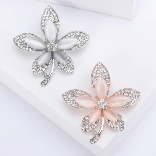 Zinc Alloy Jewelry Brooch, with Cats Eye, Flower, silver color plated, for woman & with rhinestone 