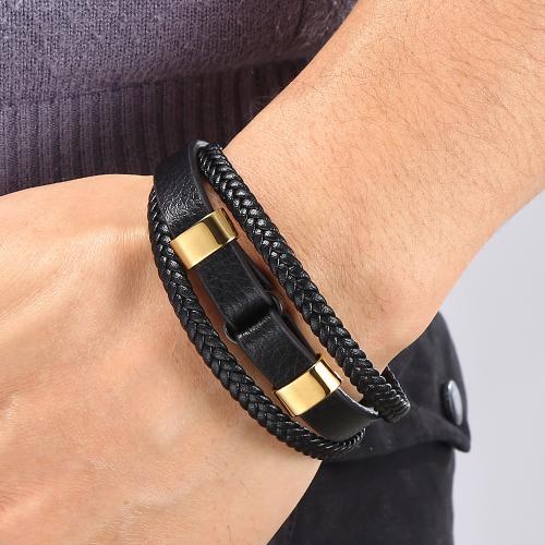 PU Leather Cord Bracelets, 316 Stainless Steel, with PU Leather, Vacuum Ion Plating, three layers & for man 