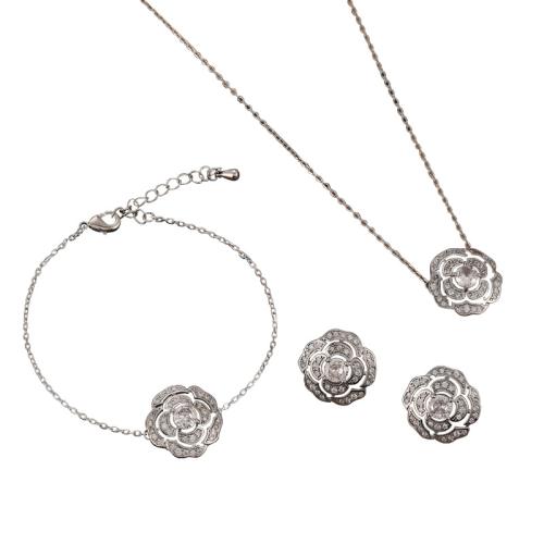 Brass Jewelry Set, Flower, silver color plated & micro pave cubic zirconia & for woman 