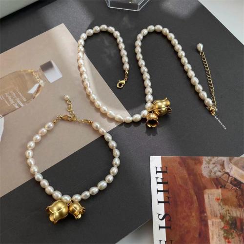 Freshwater Pearl Bracelet and Necklace, with Brass, Flower, gold color plated & for woman 