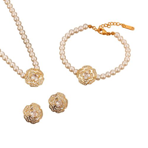 Brass Jewelry Set, with Glass Pearl, Flower, gold color plated & micro pave cubic zirconia & for woman 