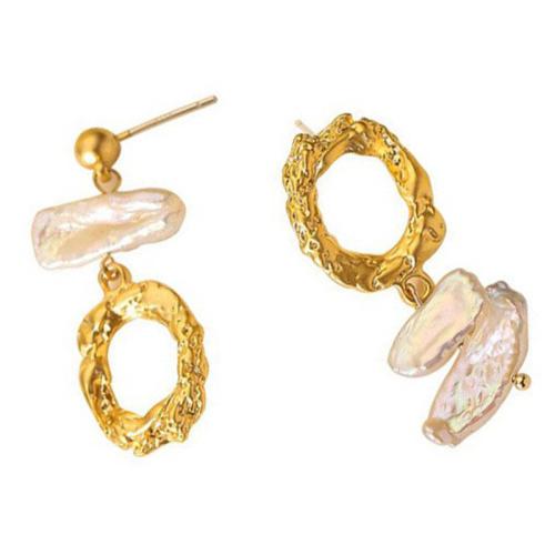 laiton Boucles d'oreilles asymétriques, avec perle d'eau douce cultivée, Motif géométrique, Placage, pour femme & creux, plus de couleurs à choisir, Vendu par paire[