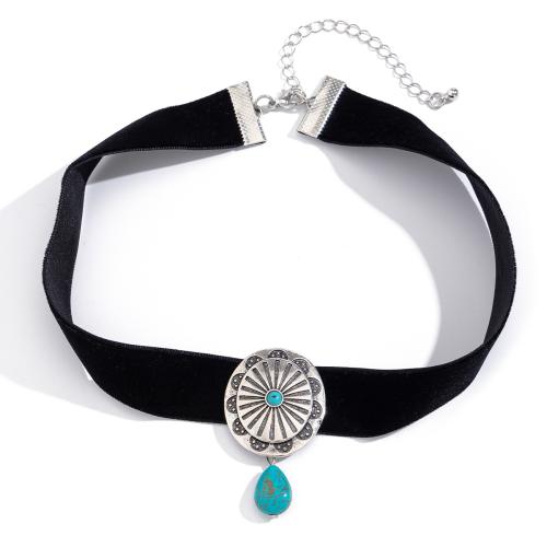 Mode Collier Choker, velours de coton, avec turquoise & alliage de zinc, avec 7cm chaînes de rallonge, bijoux de mode & pour femme Environ 35 cm, Vendu par PC