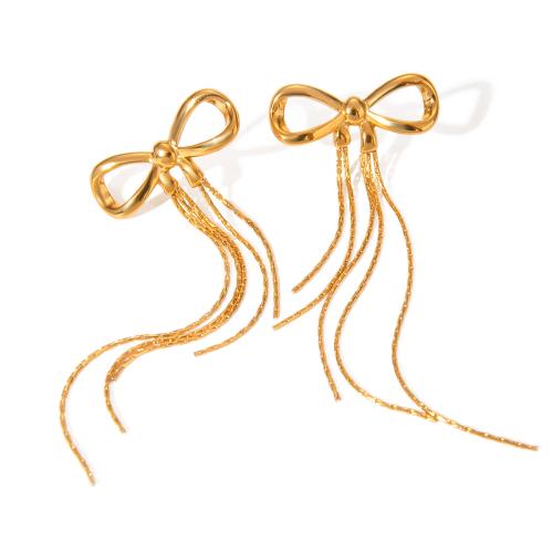 Fashion Fringe Earrings, 304 Edelstahl, Schleife, 18K vergoldet, Modeschmuck & für Frau, goldfarben, 27x78mm, verkauft von Paar