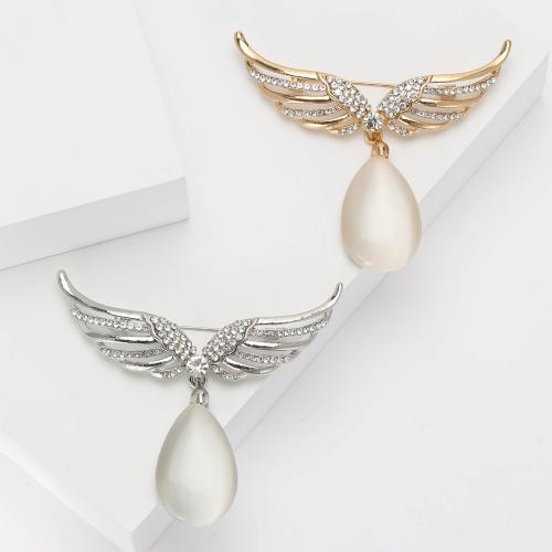 Zinc Alloy Jewelry Brooch, with Cats Eye, Wing Shape, plated, for woman & with rhinestone 