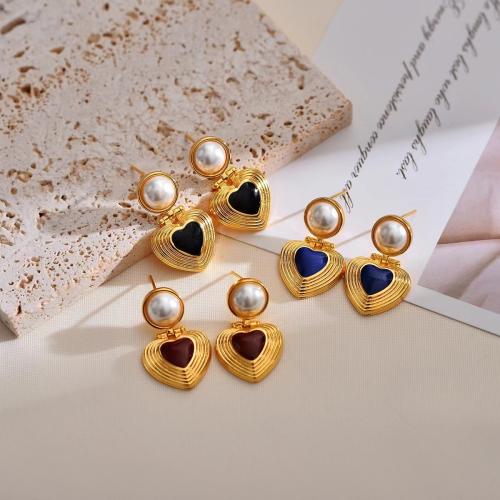 Brass Drop Earring, with Plastic Pearl, gold color plated, fashion jewelry & enamel 