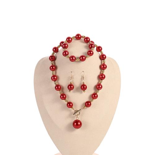 Plastic Pearl Jewelry Set, bracelet & earring & necklace, with Zinc Alloy, Round, handmade, three pieces & for woman necklace length 47cm, bracelet length 16cm, earring length 45mm 