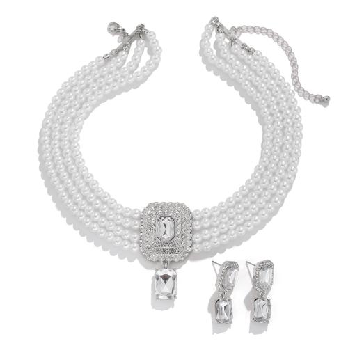 Fashion Zinc Alloy Jewelry Sets, Plastic Pearl, Stud Earring & necklace, with Zinc Alloy, fashion jewelry & micro pave cubic zirconia & for woman 